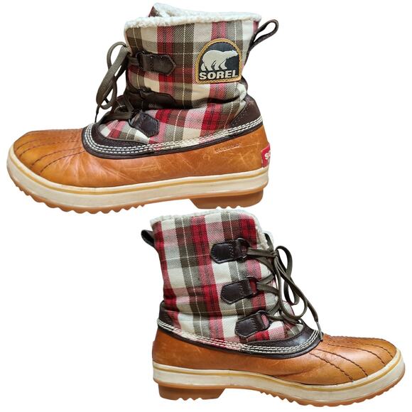 Sorel Caramel Leather Plaid Upper Tivoli Waterproof Sherpa Lined Mid Boots 10 - Picture 1 of 6
